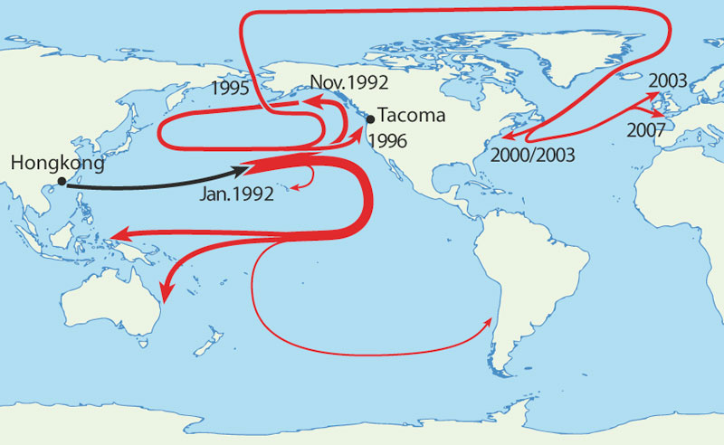 19.) Map of Where 29,000 Rubber Duckies Made Landfall After Falling off a Cargo Ship in the Middle of the Pacific Ocean