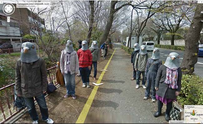 People wearing pigeon masks.