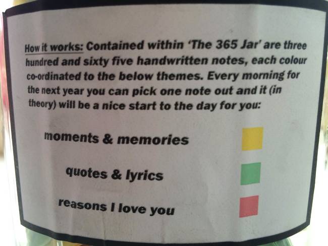 The notes are all color-coordinated - yellow for moments and memories, green for quotes and lyrics, and pink for reasons why he loves her.