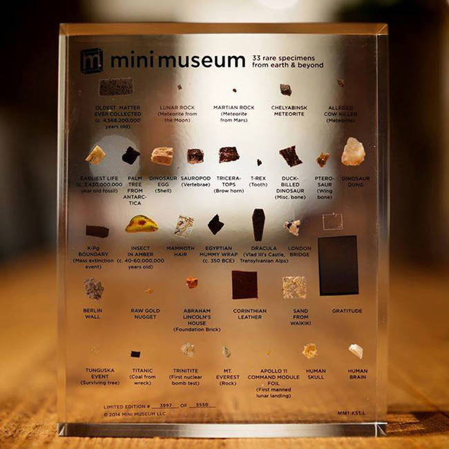 The completed mini museum, with the tiny samples labeled and encased in acrylic.