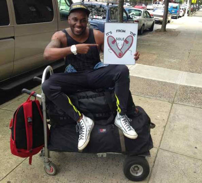 He treks every day from SoHo to Grand Central and Union Square to distribute the donated athletic shoes.