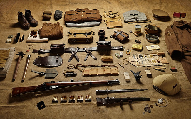 10.) 1916, the kit of a private soldier during WWI at the Battle of the Somme.