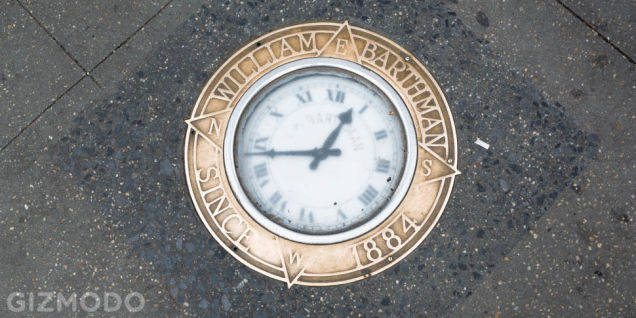 The glass appears cloudy from the daily wear from thousands of pedestrians.