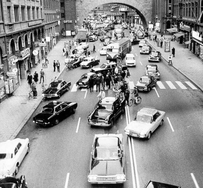 The streets of Sweden on the day the traffic pattern changed from driving on the left side to the right side of the road.