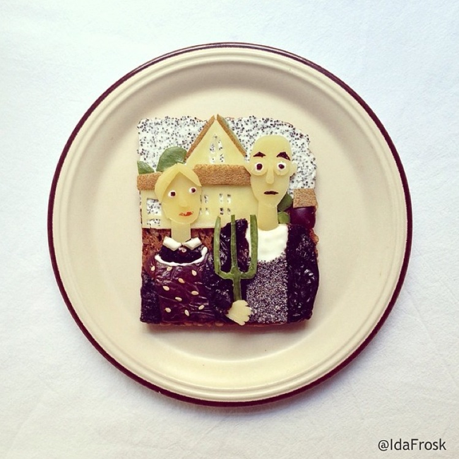 "American Gothic
"American Gothic" - (toast, ricotta, prunes, dates, sesame seeds, poppy seeds, sugar peas, kiwi)