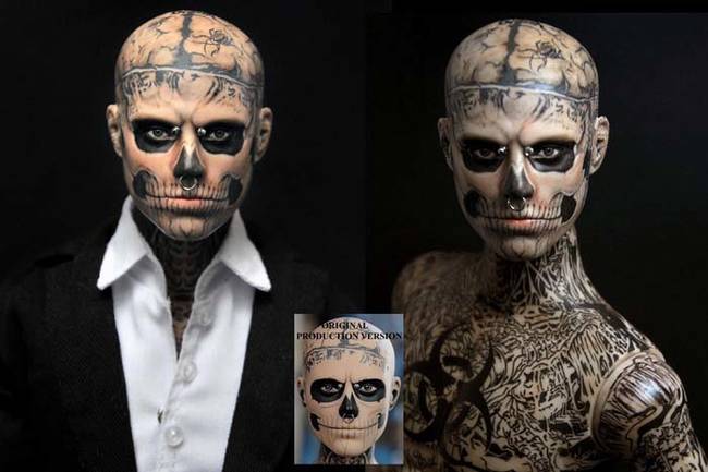 The zombie boy (a.k.a. model Rick Genest) action figure doesn't do much justice to his wild body modifications. Cruz's paint job emphasizes the shading and detail.