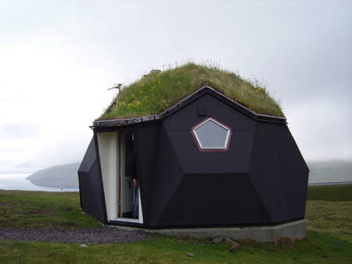 Here's a more futuristic looking igloo, with some lovely grass growing on the roof, contrasting with the black, geometric exterior.