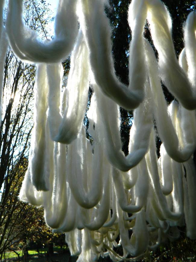 Then, she hung the strands out to dry. Once dry, it was time to start weaving an epic blanket.