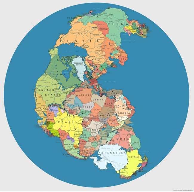 4. Map of Pangea with current International borders.