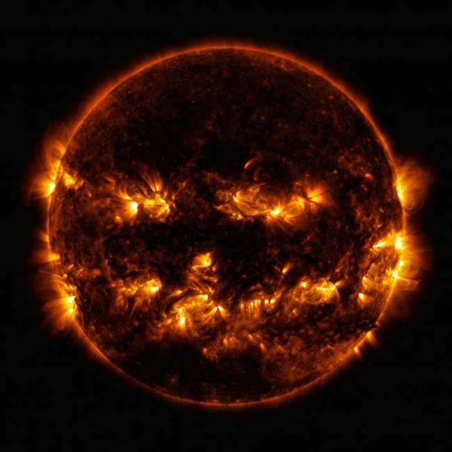 Happy Halloween from the sun! This picture is a blend of several photos capturing different light wavelengths to give the sun that perfect Halloween look.