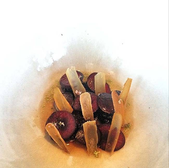 14.) Blackberries and cherries in a seaweed broth with cured turbot roe. This looks like some alien dish out of a scifi movie.